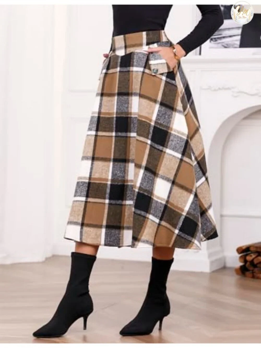 High Waisted Wool Plaid A-Line Long Skirt with Side Elastic Waistband